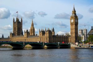 View of the Houses of Parliament across the river Thames